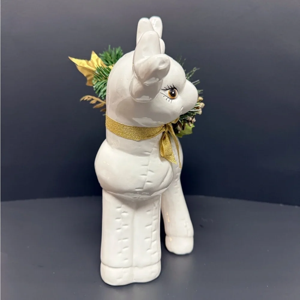 1990’s White Ceramic Reindeer Planter with Gold Bow & Greenery EUC